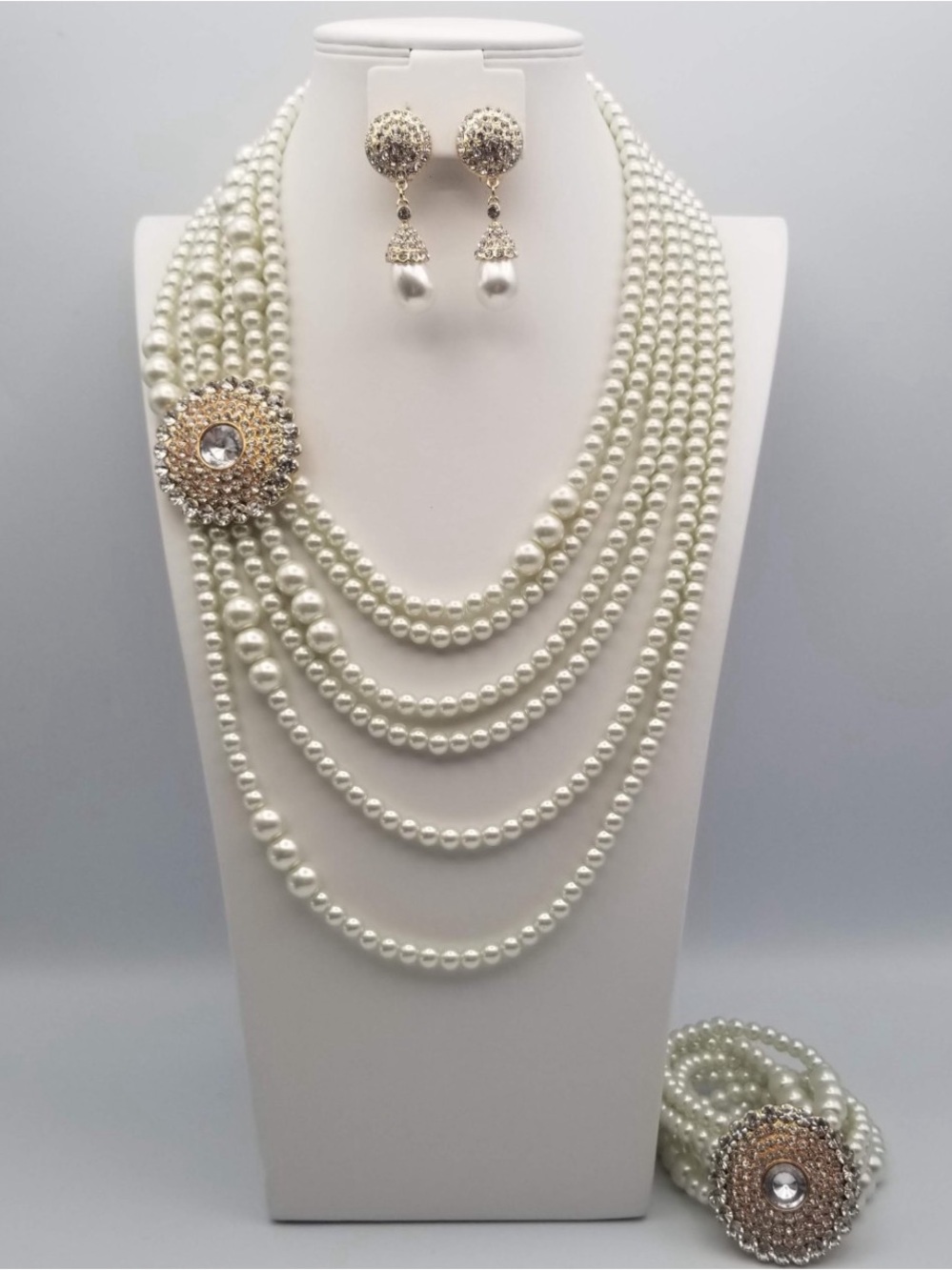 Classic Multi-Strand Pearl Necklace Set with Gold-Tone Crystal Accents